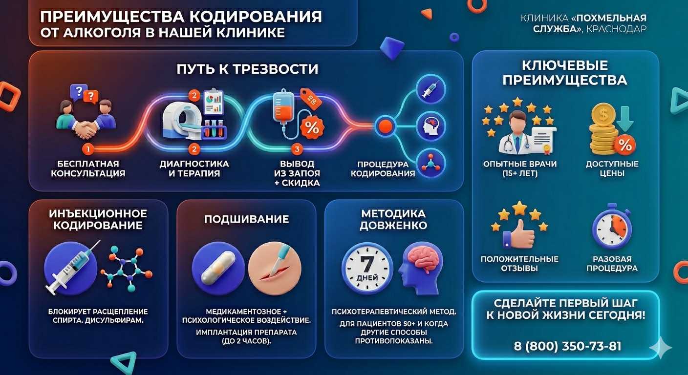 Инфографика о методах кодирования от алкоголя в Оби: инъекции, подшивание, метод Довженко. Преимущества клиники и этапы лечения.