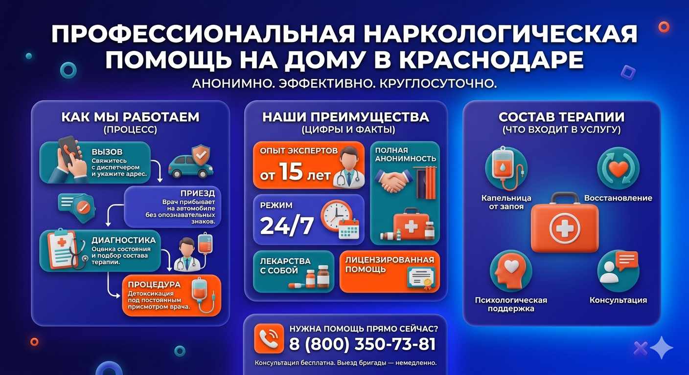 Инфографика о принципах лечения алкоголизма на дому в Оби: этапы вызова нарколога, преимущества анонимной детоксикации и состав медицинской помощи.